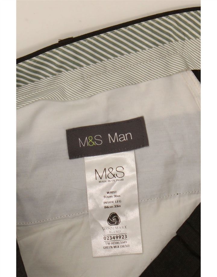 Calça masculina de terno reto Marks & Spencer W38 L33 lã marrom
