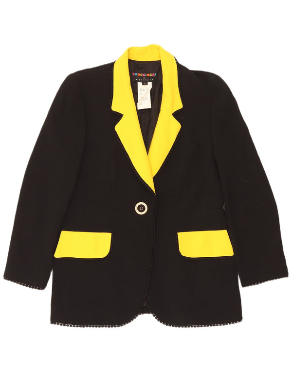 Jaqueta blazer vintage feminina com 1 botão Reino Unido 14 grande acetato colorblock preto