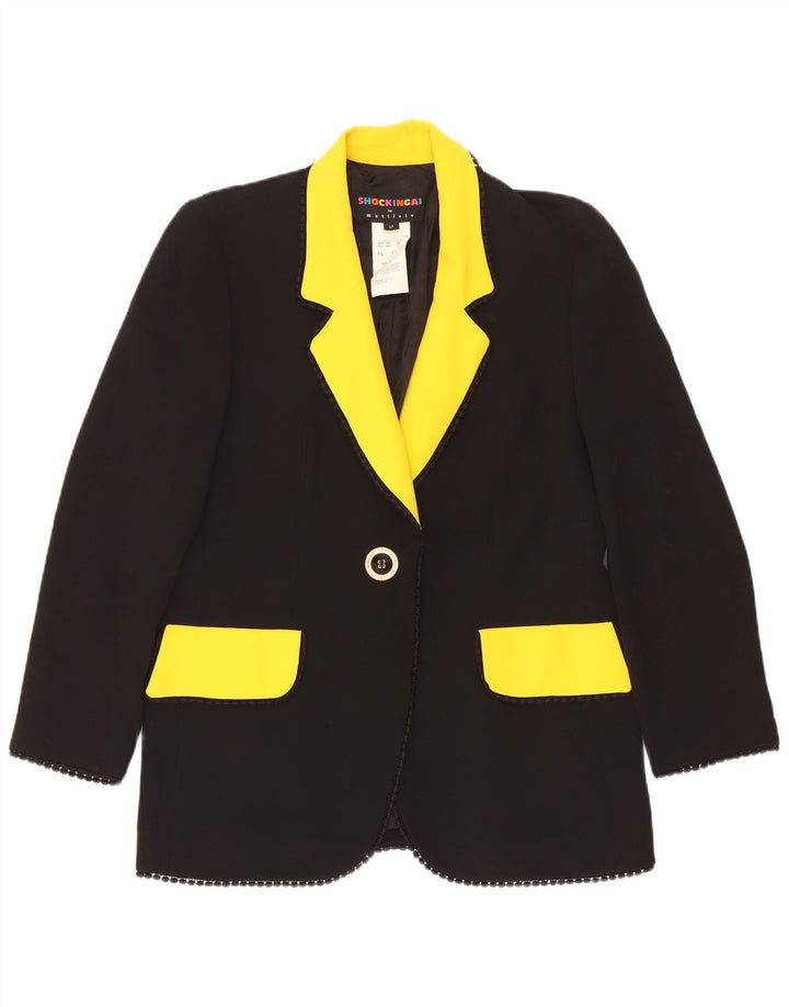 Jaqueta blazer vintage feminina com 1 botão Reino Unido 14 grande acetato colorblock preto