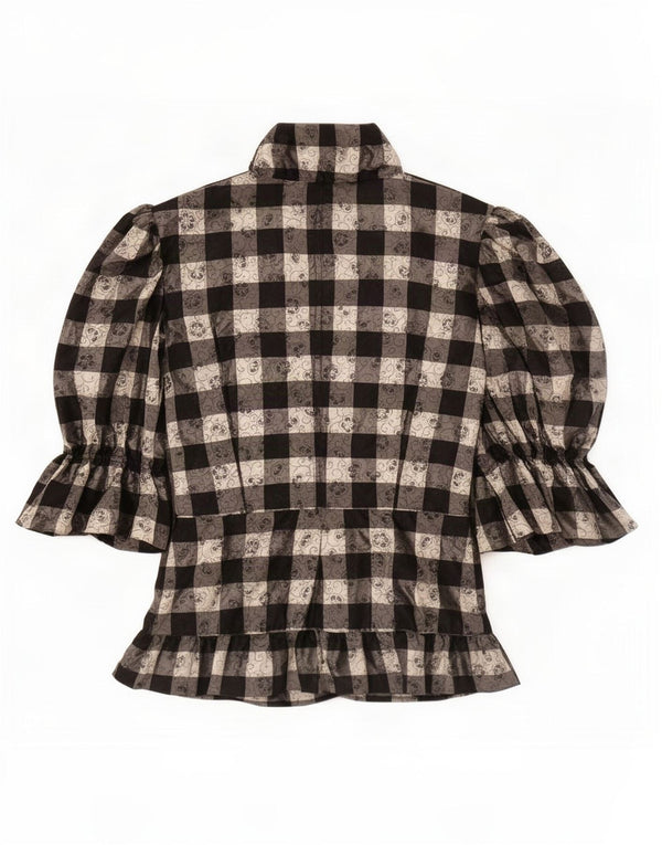 Blusa feminina vintage manga 3/4 Reino Unido 12 xadrez preto médio