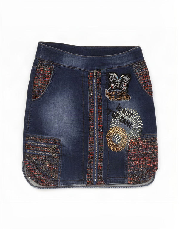 Saia jeans gráfica feminina Desigual EU 40 médio W30 algodão azul marinho