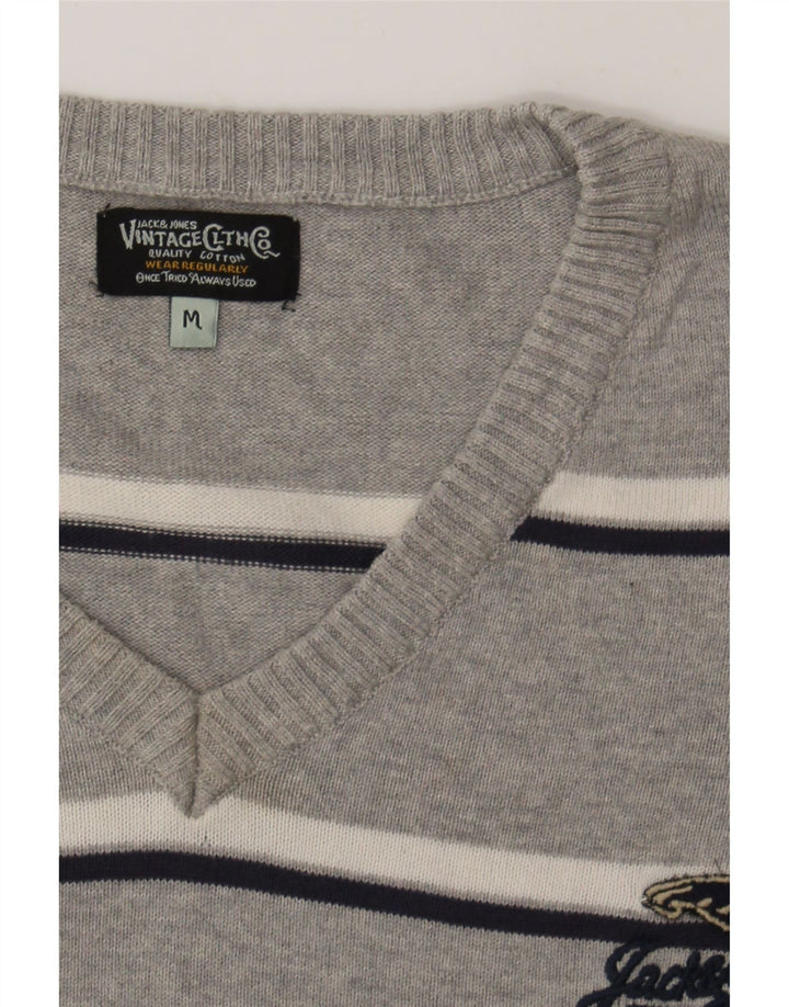 JACK & JONES Mens V-Neck Jumper Sweater Medium Grey Striped Cotton Vintage Jack & Jones and Second-Hand Jack & Jones from Messina Hembry 