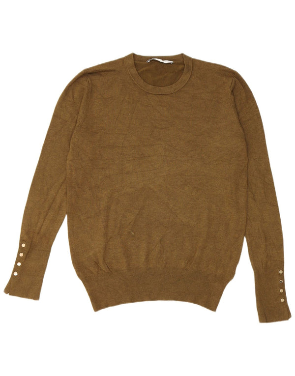 Suéter feminino Zara com gola redonda, Reino Unido 14, grande, cáqui, viscose