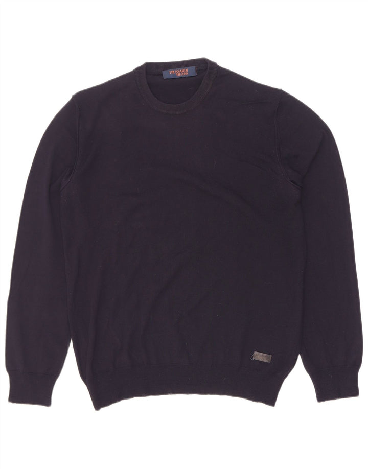 Trussardi Suéter masculino com gola redonda pequeno azul marinho