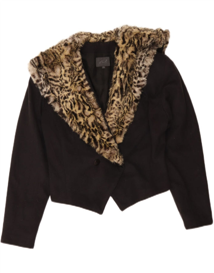 Jaqueta Blazer Vintage Feminina UK 14 Médio Preto Animal Print