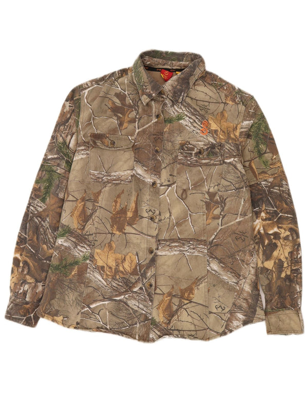 Camisa feminina VINTAGE com padrão abstrato Reino Unido 16 grande algodão cáqui colorido