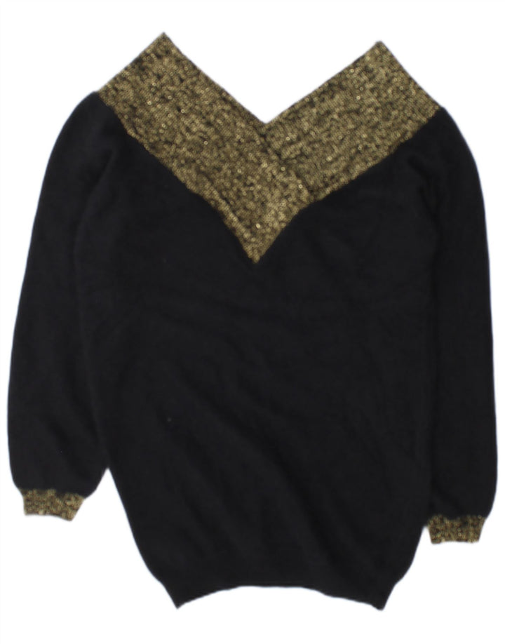 Suéter feminino vintage com decote em V EU 38/40 médio preto colorblock