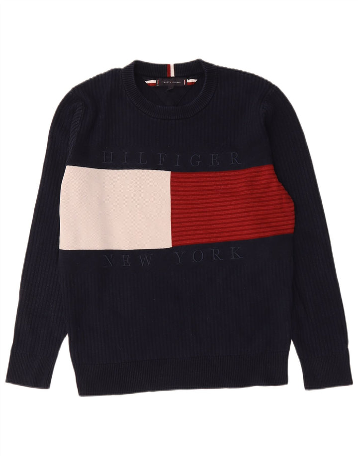 Suéter masculino Tommy Hilfiger com gola redonda e bloco colorido médio azul marinho