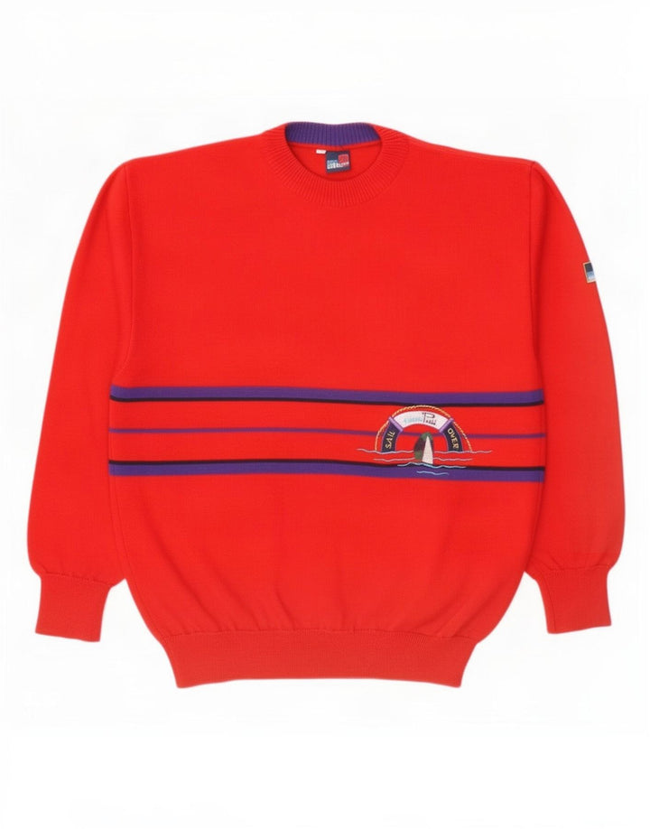 Suéter masculino Evan Pull com gola redonda XL de lã listrada vermelha