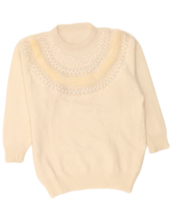 Suéter feminino vintage com gola redonda Reino Unido 16 grande lã paisley off white