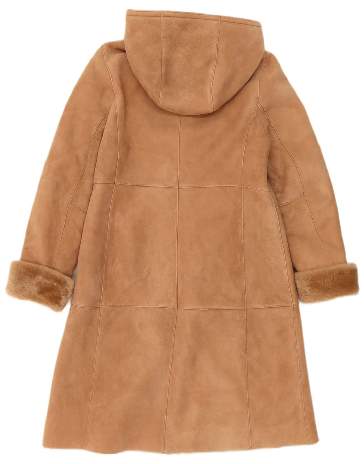 Casaco feminino vintage de shearling com capuz UK 10 pequeno bege