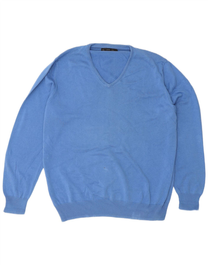 Zara Suéter masculino com decote em V grande azul