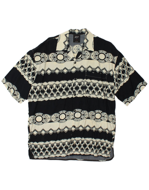 Camisa masculina vintage de manga curta solta e viscose geométrica preta pequena