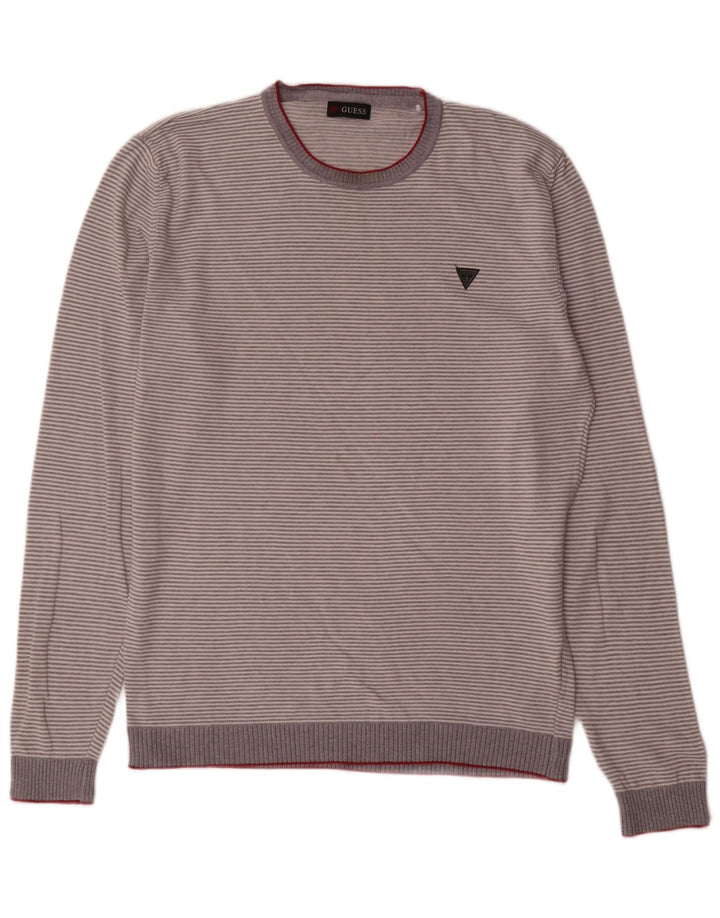 Suéter masculino Guess com gola redonda e algodão listrado cinza grande