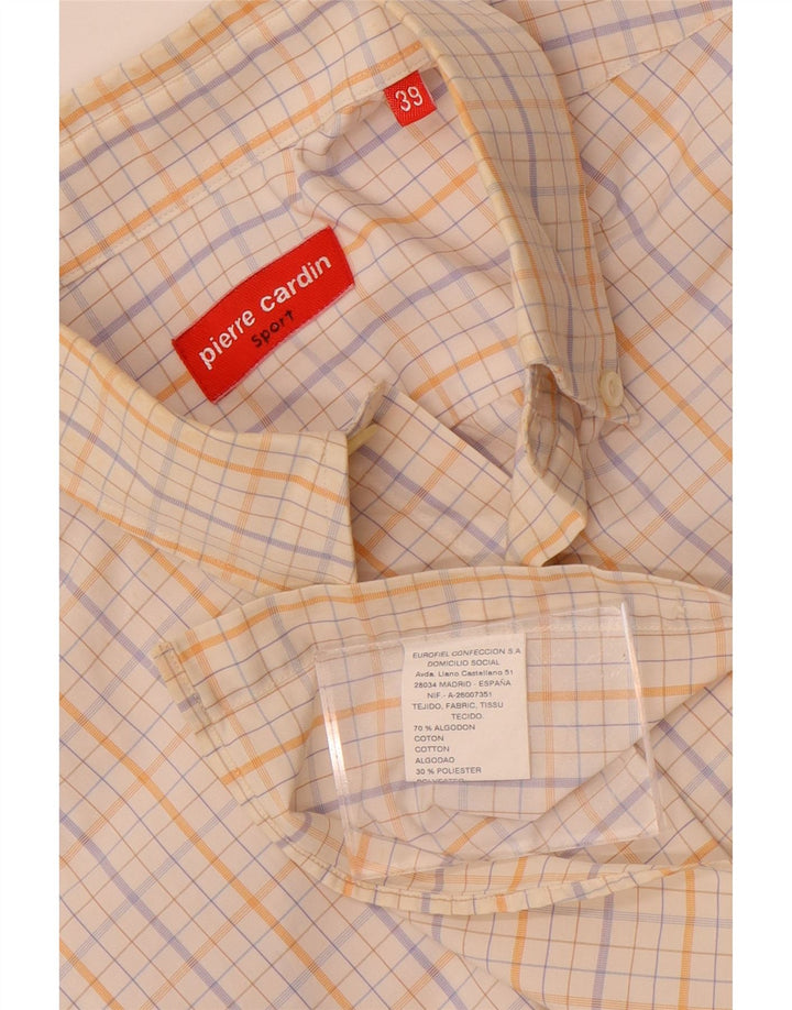 Camisa masculina de manga curta Pierre Cardin tamanho 39 algodão xadrez branco médio