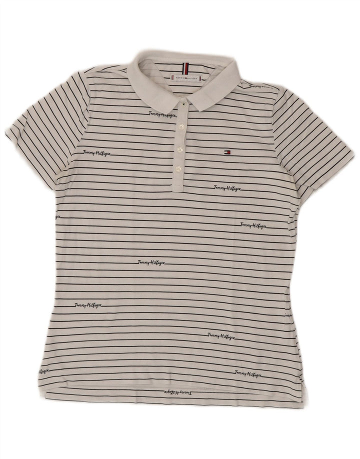 Camisa polo feminina TOMMY HILFIGER UK 14 médio listrado branco