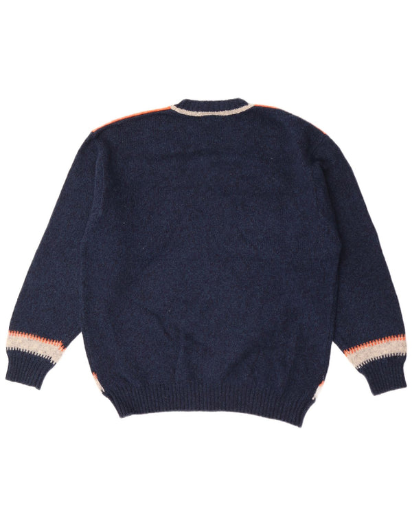 Suéter vintage masculino com gola redonda, grande lã colorblock azul marinho