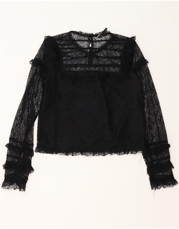 Zara Womens Trafaluc Crop Long Sleeve Blouse Top UK 12 Medium Black Floral