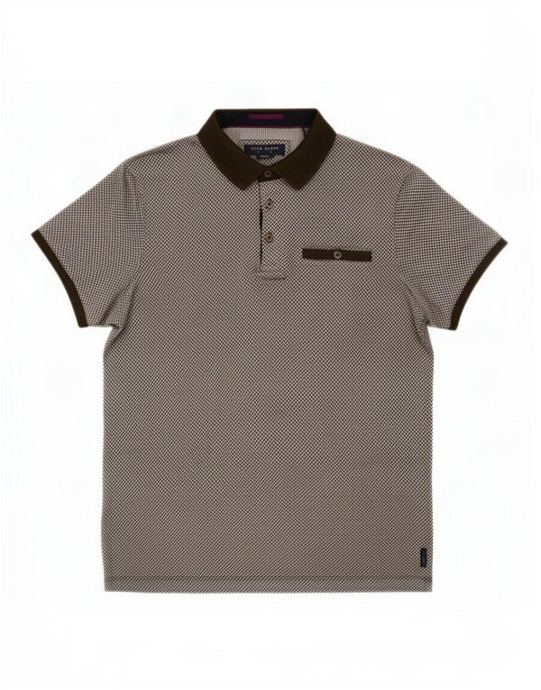 Camisa polo masculina Ted Baker tamanho 3 algodão geométrico cáqui médio
