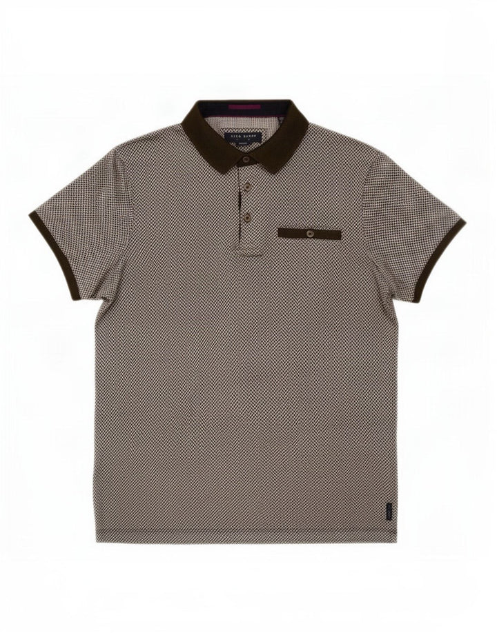 Camisa polo masculina Ted Baker tamanho 3 algodão geométrico cáqui médio