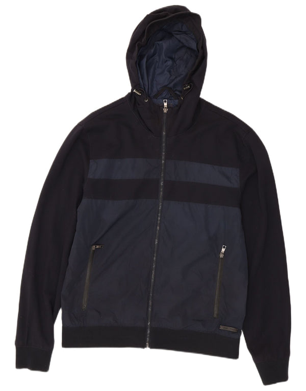 Zara Jaqueta bomber masculina com capuz Reino Unido 42 XL Azul marinho Colourblock Poliéster