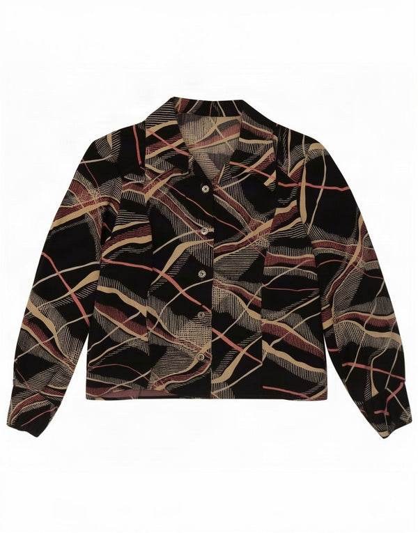 Blusa feminina vintage com padrão abstrato Reino Unido 14 médio preto