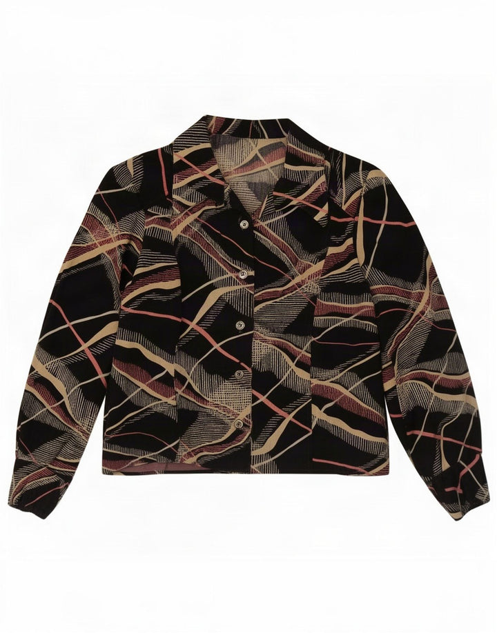 Blusa feminina vintage com padrão abstrato Reino Unido 14 médio preto