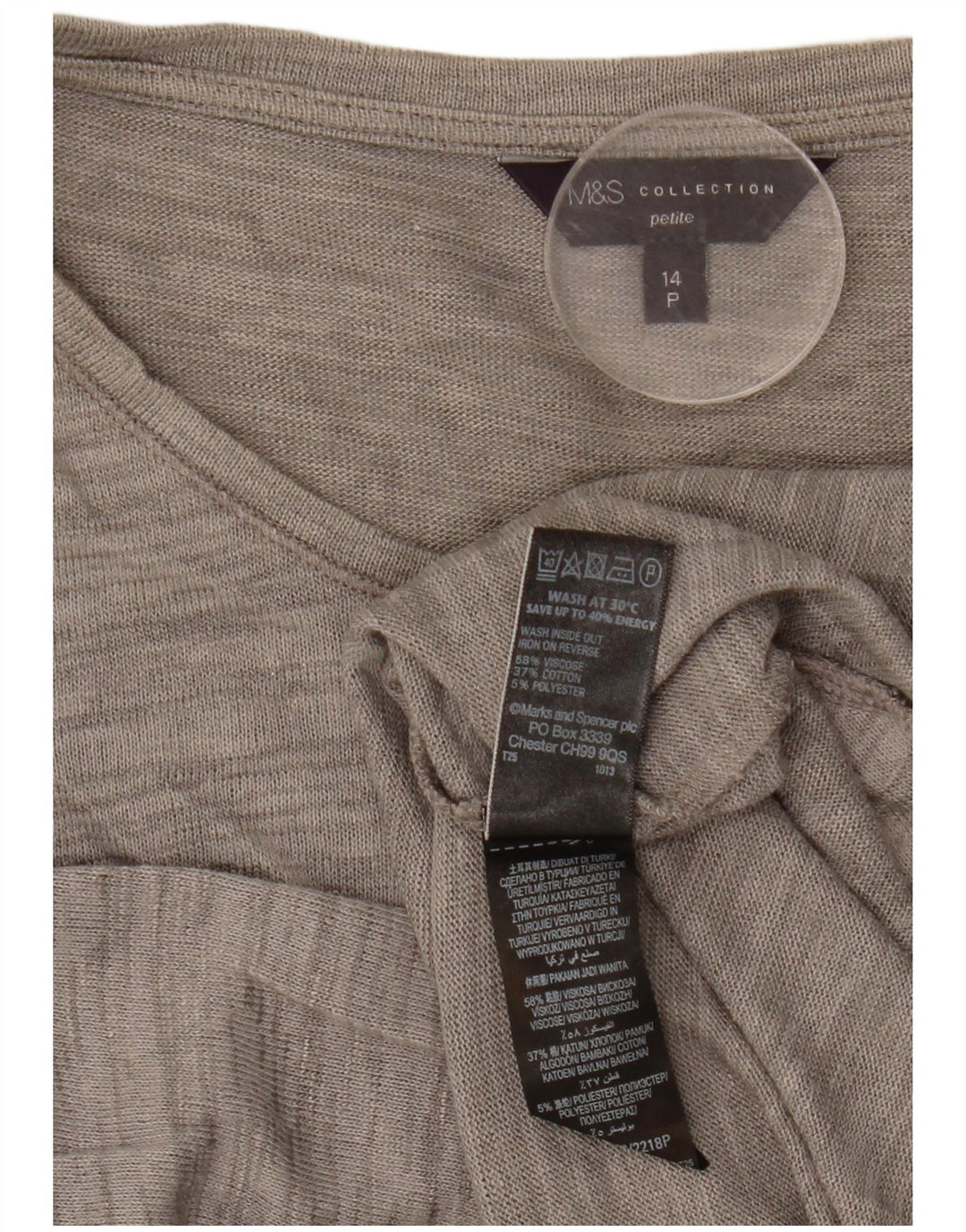 Marks & Spencer Top feminino pequeno manga 3/4 Reino Unido 14 grande cinza manchado