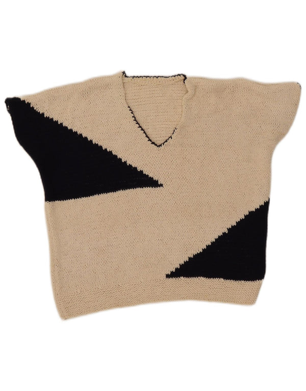 Suéter feminino vintage com decote em V UK 12 bloco colorido bege médio