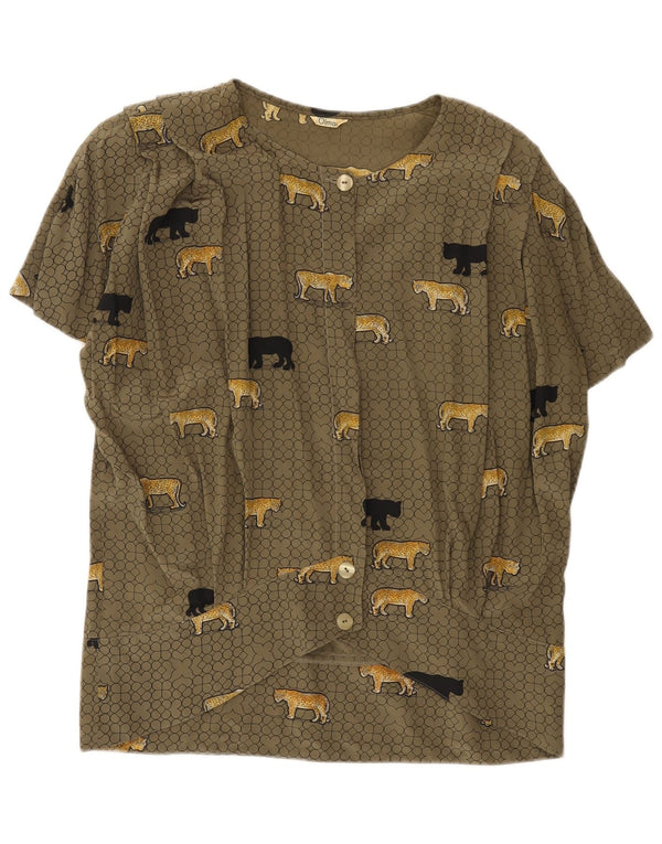 Blusa feminina vintage de manga curta IT 48 XL cáqui estampa animal