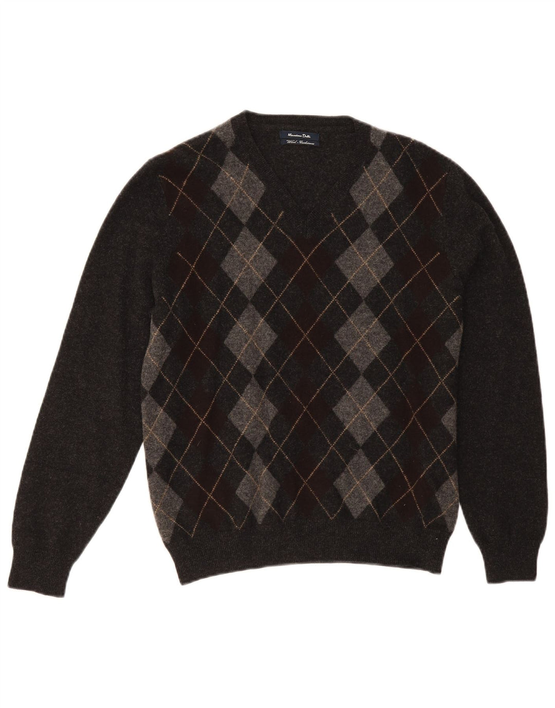 Suéter masculino Massimo Dutti com decote em V cinza médio Argyle/lã diamante