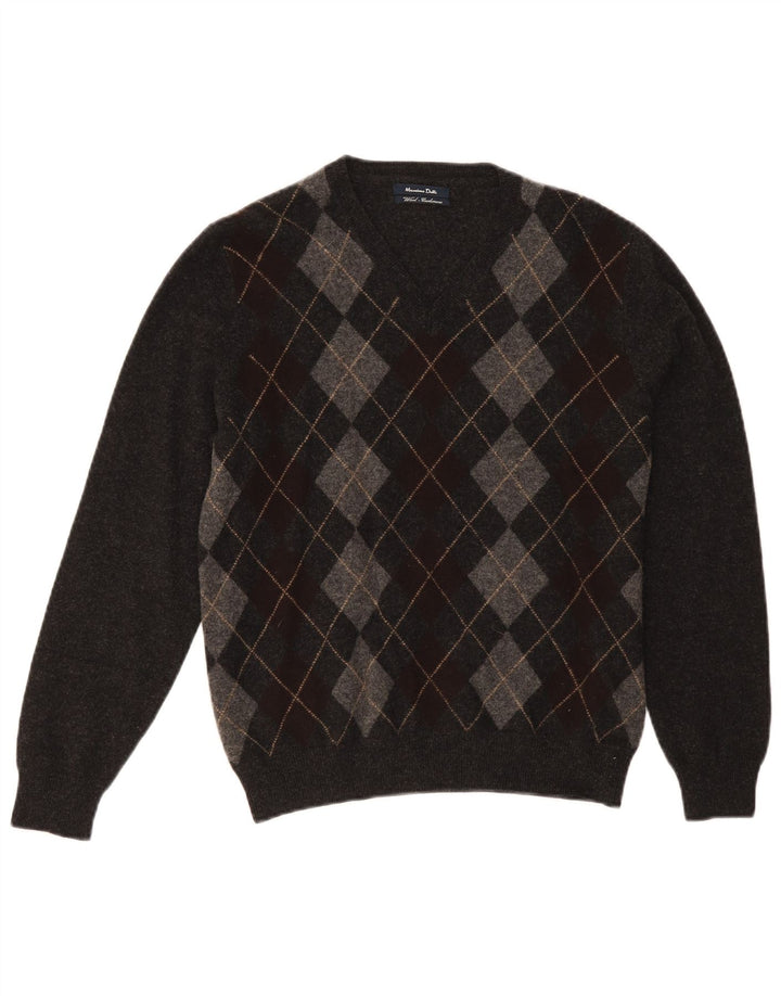 Suéter masculino Massimo Dutti com decote em V cinza médio Argyle/lã diamante
