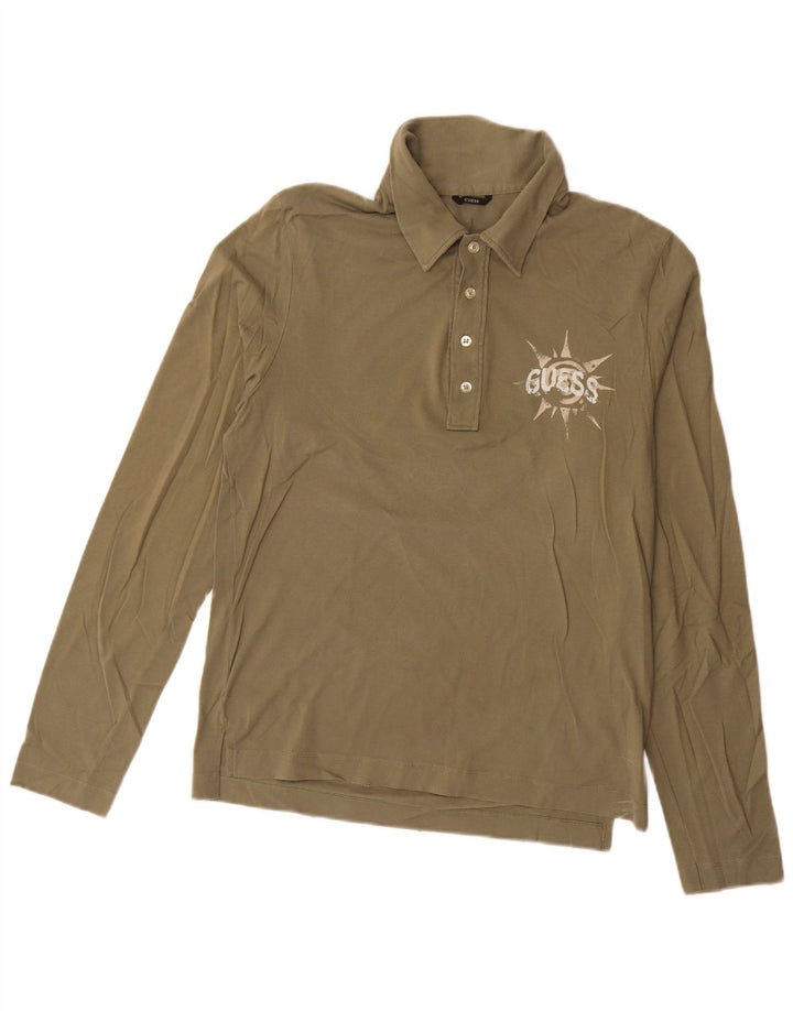 Guess Camisa polo masculina gráfica de manga comprida de algodão cáqui médio