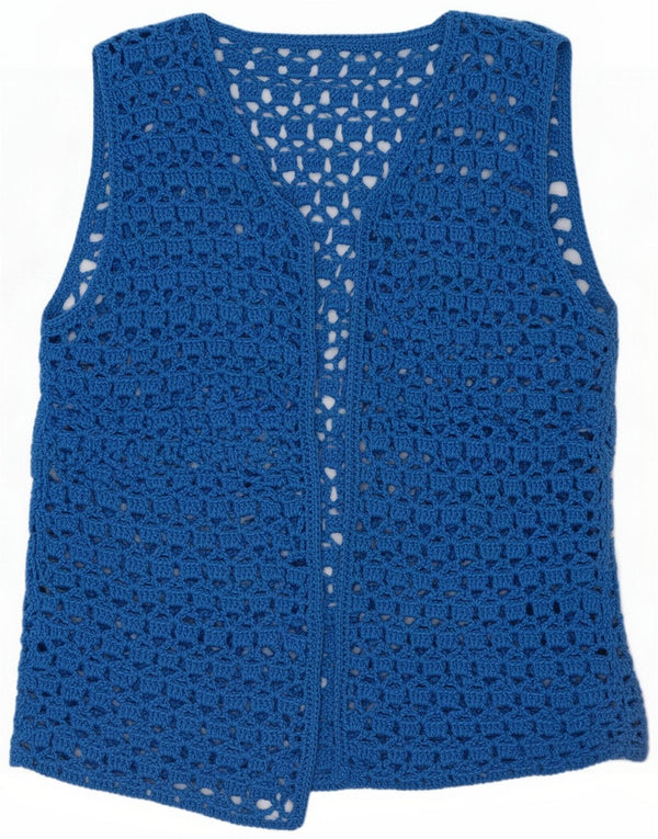 Cardigan feminino vintage sem mangas de crochê UK 18 XL Azul
