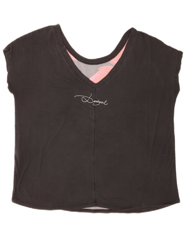 Desigual camiseta feminina regular gráfica top UK 14 grande preto floral