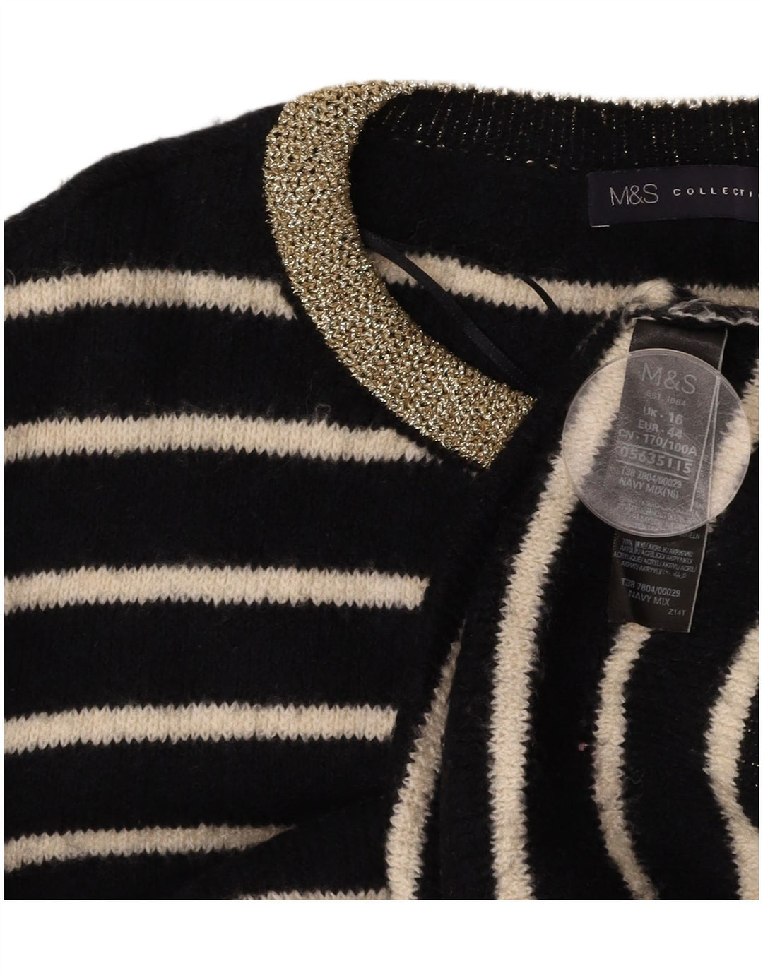 Suéter feminino MARKS & SPENCER com gola redonda e listrado preto grande Reino Unido 16