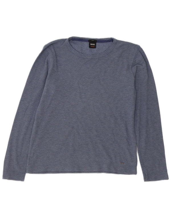 Hugo Boss Top masculino de manga comprida médio algodão manchado azul marinho
