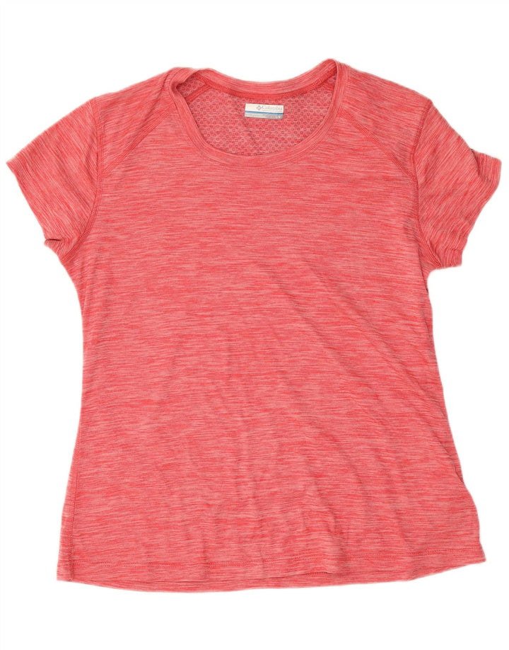 Camiseta feminina Columbia UK 14 grande poliéster manchado vermelho