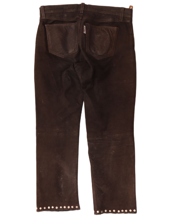 Calças de couro retas masculinas vintage W38 L29 marrom