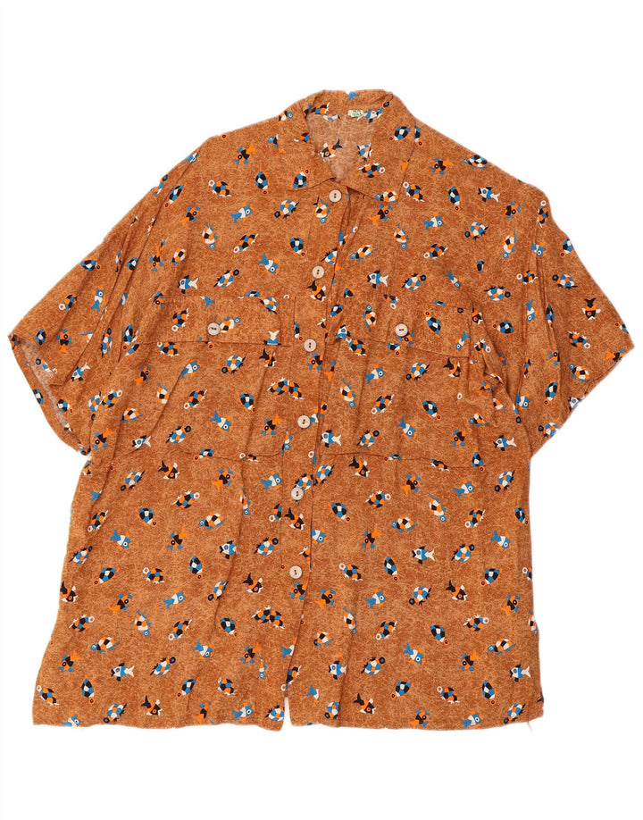 Blusa feminina vintage oversized com padrão abstrato Reino Unido 10 pequena marrom