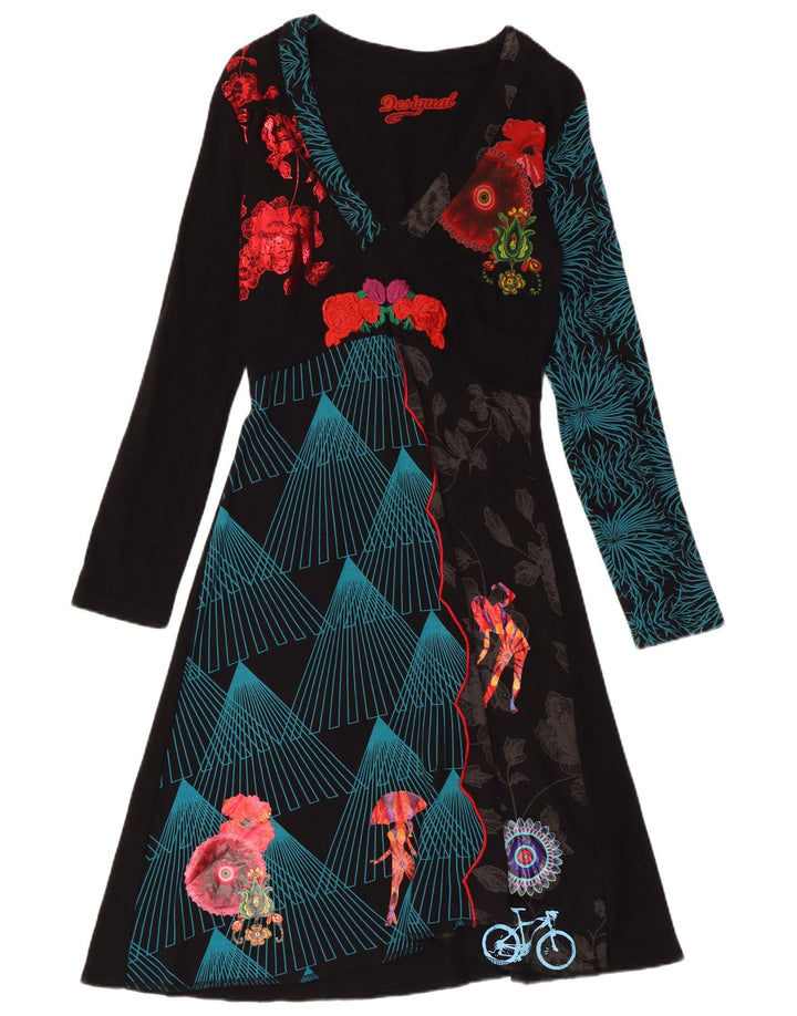 DESIGUAL Vestido feminino estampado de manga comprida evasê UK 18 XL preto floral
