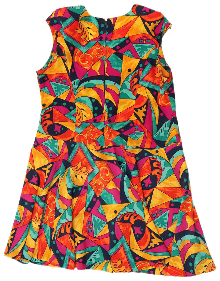 Vestido vintage feminino linha A Reino Unido 16 grande geométrico multicolorido