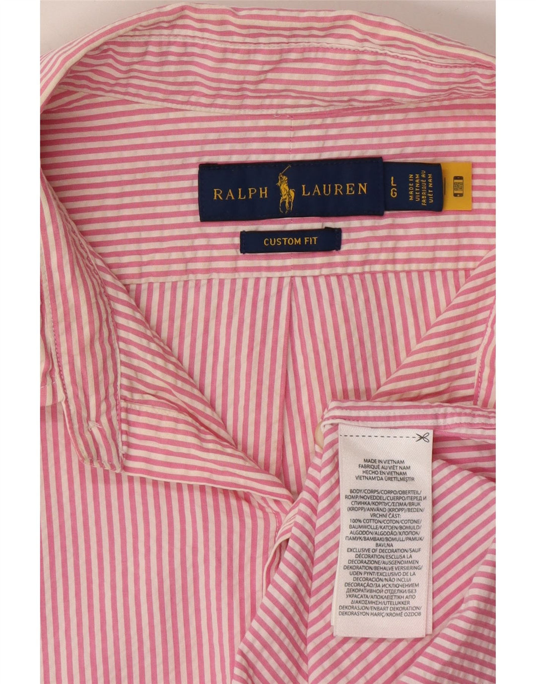 Camisa masculina de manga curta com ajuste personalizado RALPH LAUREN grande algodão listrado rosa