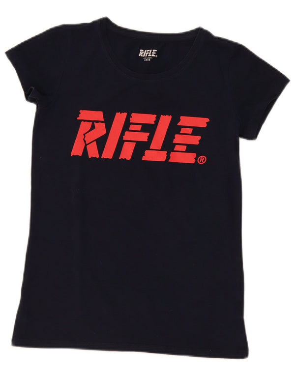 Camiseta feminina Rifle com estampa gráfica UK 12 algodão azul marinho médio