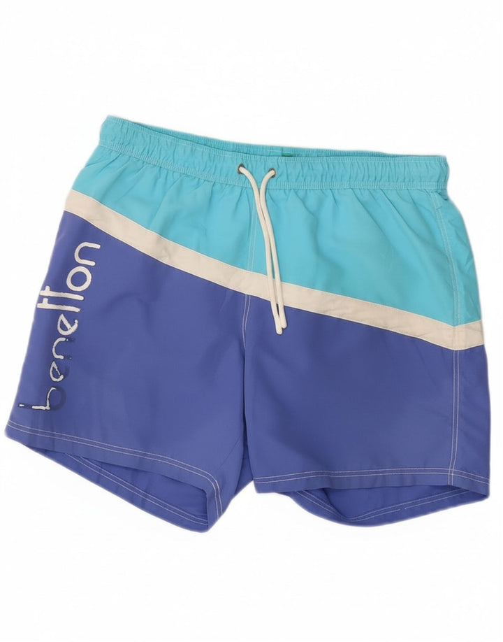 Benetton Calção de banho masculino gráfico grande bloco colorido azul