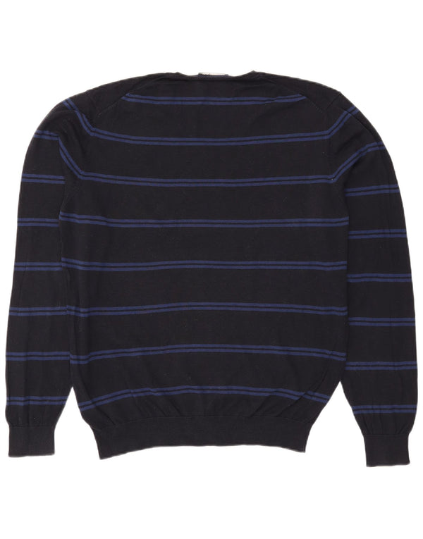 Massimo Dutti Mens V-Neck Jumper Sweater Large Black Striped Cotton