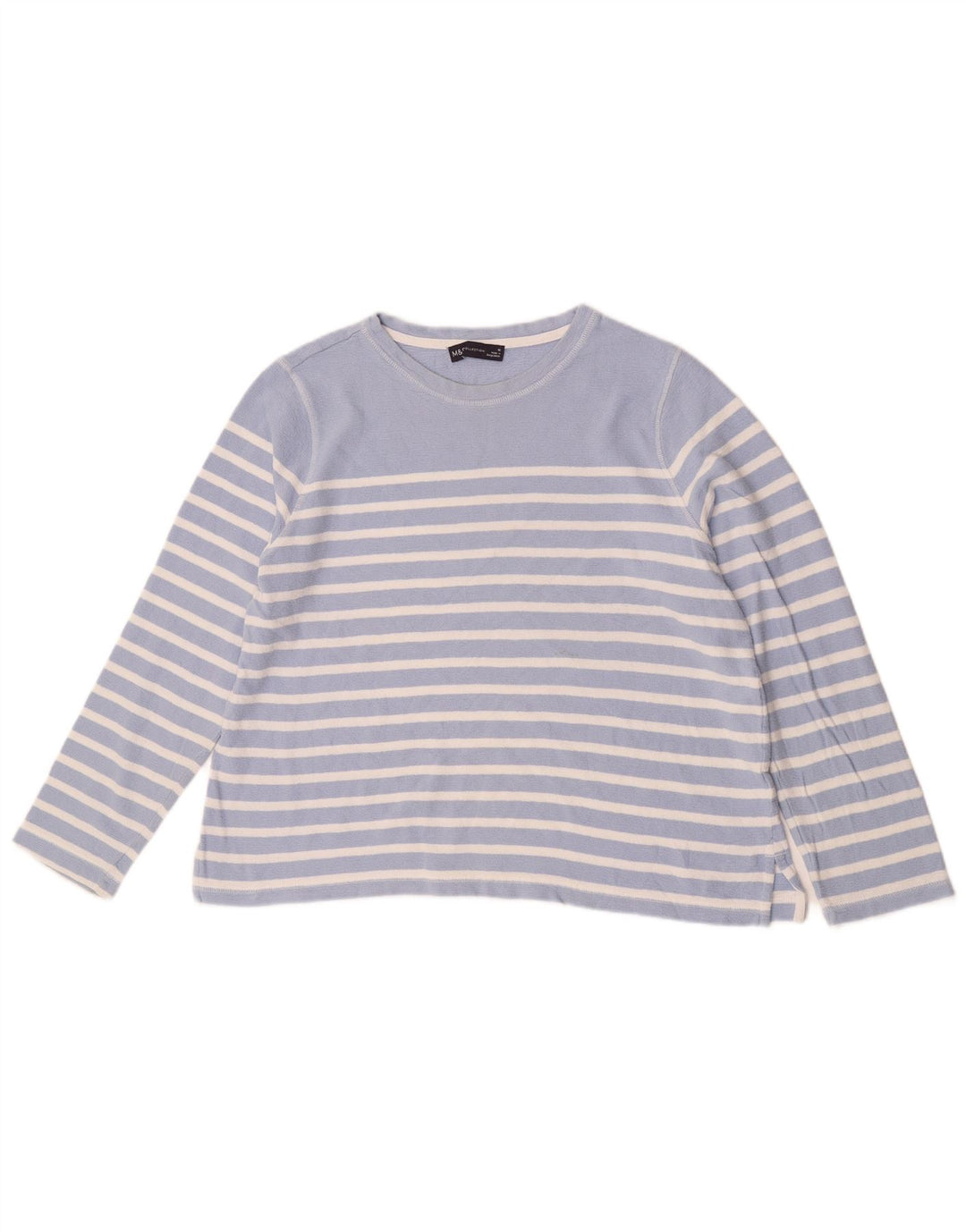 Top feminino Marks & Spencer manga comprida Reino Unido 16 grande algodão listrado azul