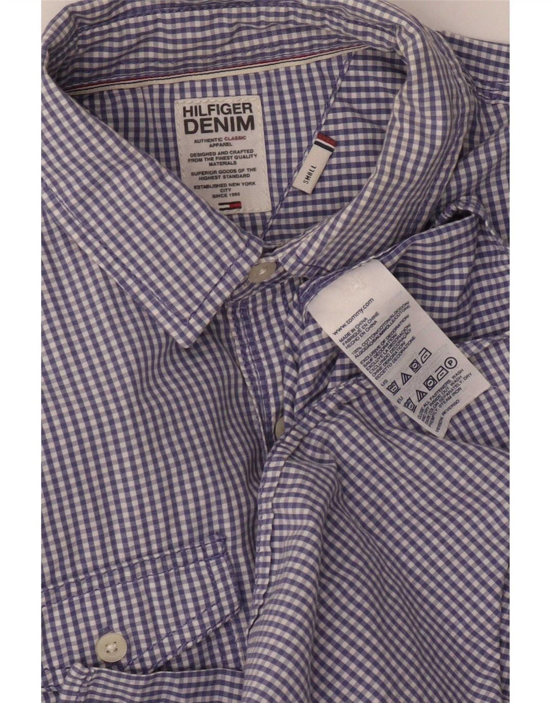 Camisa militar masculina Tommy Hilfiger pequena algodão guingão azul