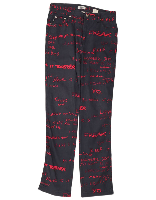 Moschino Calça feminina casual gráfica reta W33 L32 algodão azul marinho