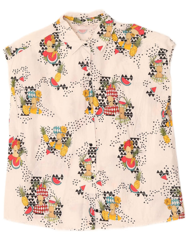 Blusa feminina Zara Trafaluc sem mangas UK 10 pequena geométrica branca
